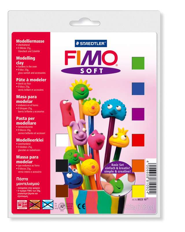 FIMO hmota - balení: 9 barev, nářadíčko, lak, podložka