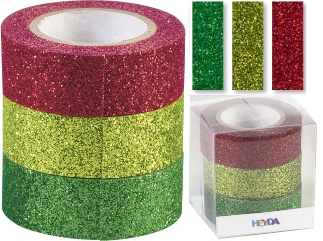 Glitter Tape - 3ks dekorační lepicí páska se třpytkami - 15mmx3m zelená/červená