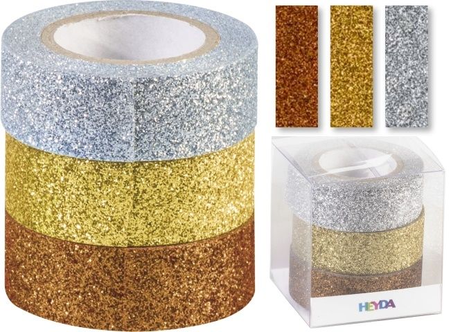 Glitter Tape - 3ks dekorační lepicí páska se třpytkami - 15mmx3m měď/zlatá/stříbrná