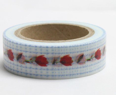 Washi Tape - dekorační lepicí páska - 10mx15mm - TULIPÁNY V KANAFASU