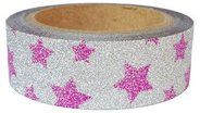 Washi Tape - dekorační lepicí páska glitrová - 5m x 15mm - růžové hvězdy