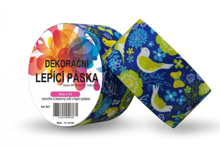 Duct Tape - dekorační lepicí páska - 5m x 48mm - ZELENÍ PTÁČKOVÉ V MODRÉ