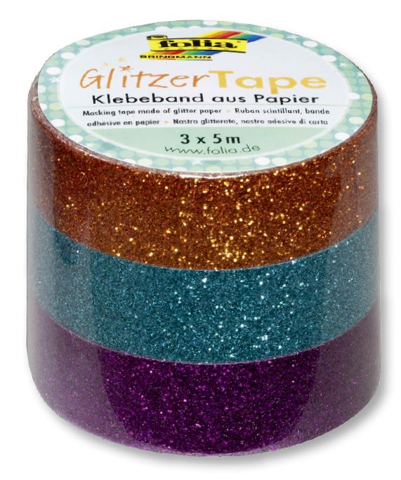 Glitter Tape - 3ks dekorační lepicí páska se třpytkami - 5x15mm MĚDĚNÁ, TYRKYSOVÁ, FIALOVÁ