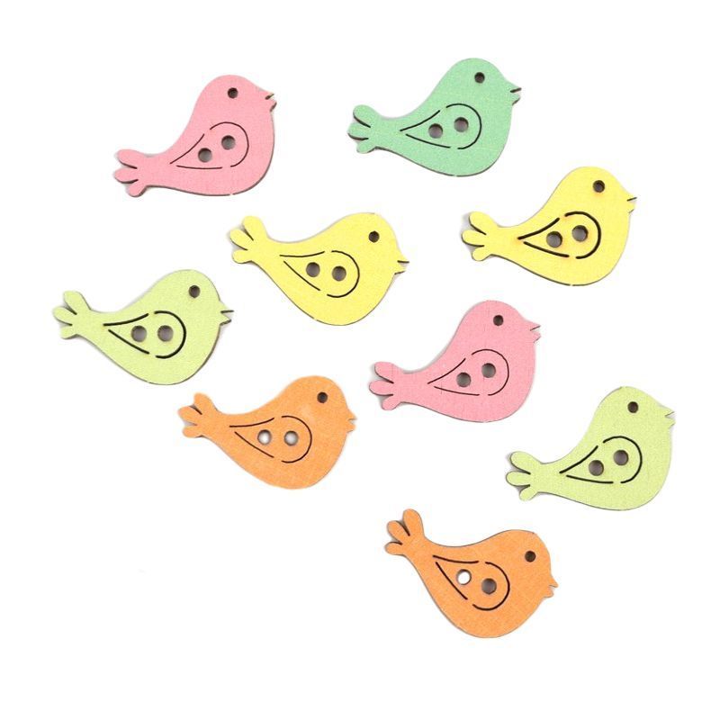 Knoflíčky ptáčci 3,3x2,1cm - dřevěný výřez (10ks) barevní